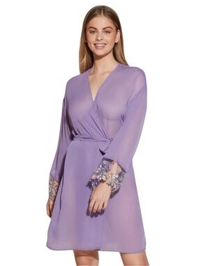 NWT Cosabella Abrima Sheer Mesh Floral Embroidered Robe Small Himalayan Sky